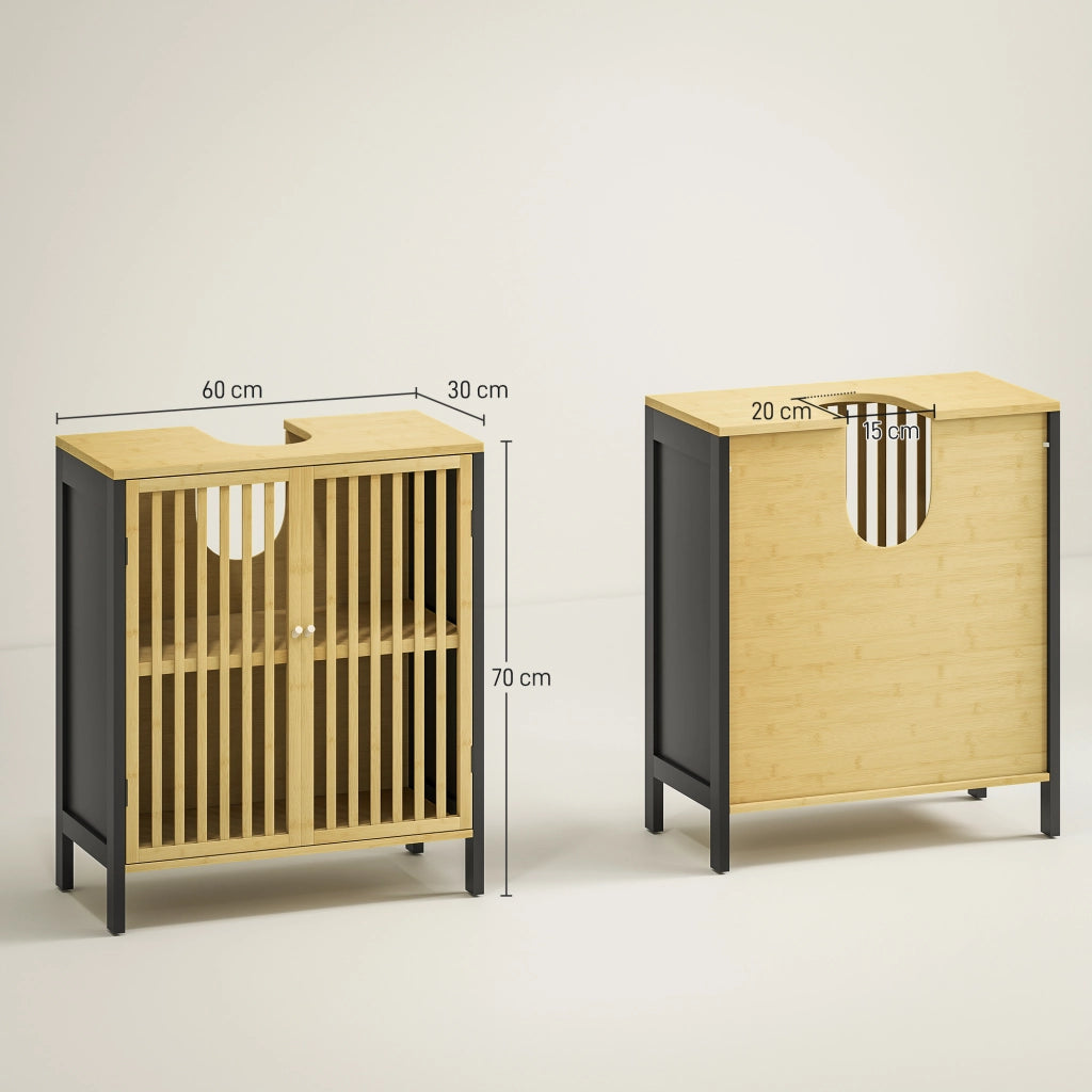 Armadietto Sottolavabo 2 Ante con Ripiano Regolabile ¨C Zephmum ¨C MDF e Bamb¨´ 60x30x70 cm