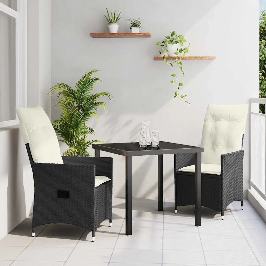 Set da Pranzo per Giardino con cuscino 3 pcs Nero polyrattan