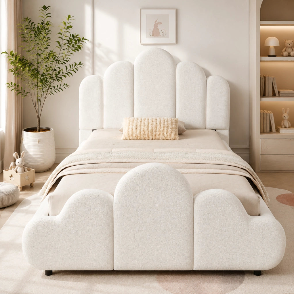 Letto singolo imbottito per bambini 90x200 cm con testiera morbida in tessuto bouclé beige