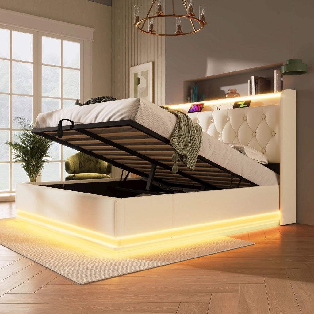 Letto imbottito idraulico con LED USB 140x190 cm colore PU bianco