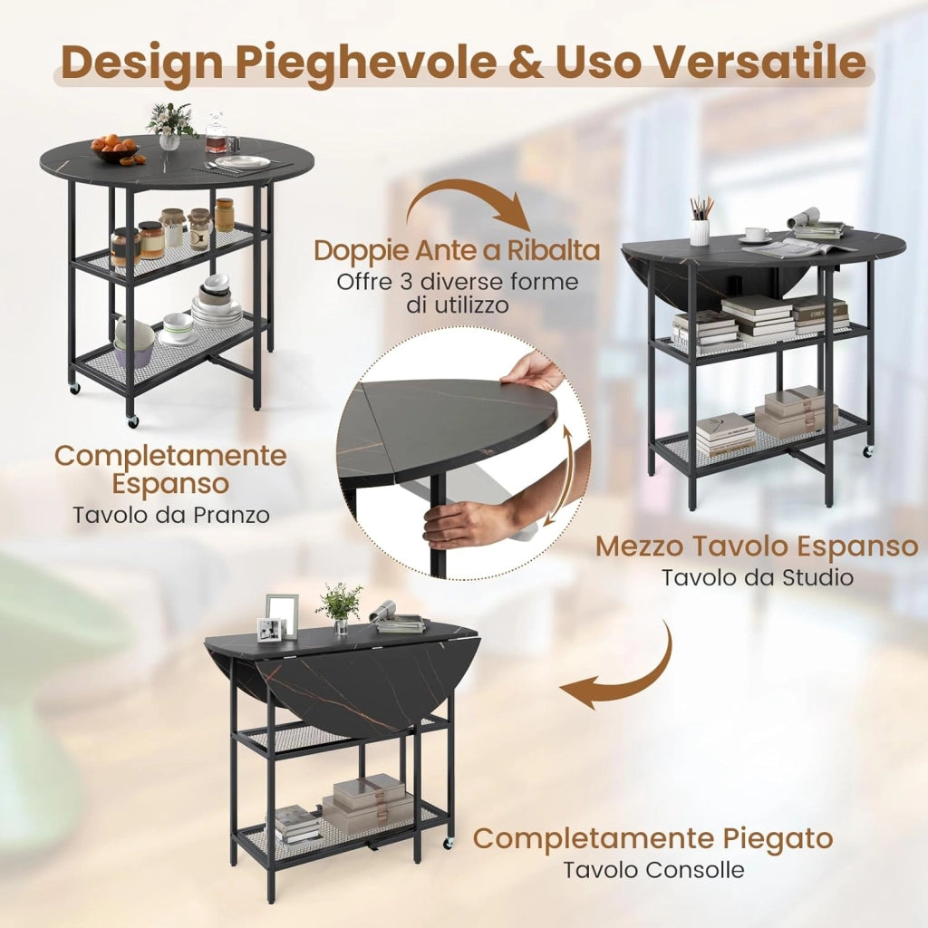 Tavolo Pieghevole Salvaspazio 100 x 100 x 80 cm, Tavolo da Pranzo Estensibile per 2-4 Persone con 2 Mensole di Stoccaggio e Ruote Bloccabili per Soggiorno, Appartamento e Ufficio (Nero)