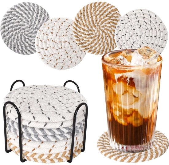 Pacchetto di 8 sottopiani per bicchieri manufatti, sottopiani rotondi per bicchieri, sottopiani per bevande, sottopiani antiscivolo per tavolo in cotone intrecciato per bevande, tazze e bicchieri (8, 11,5)