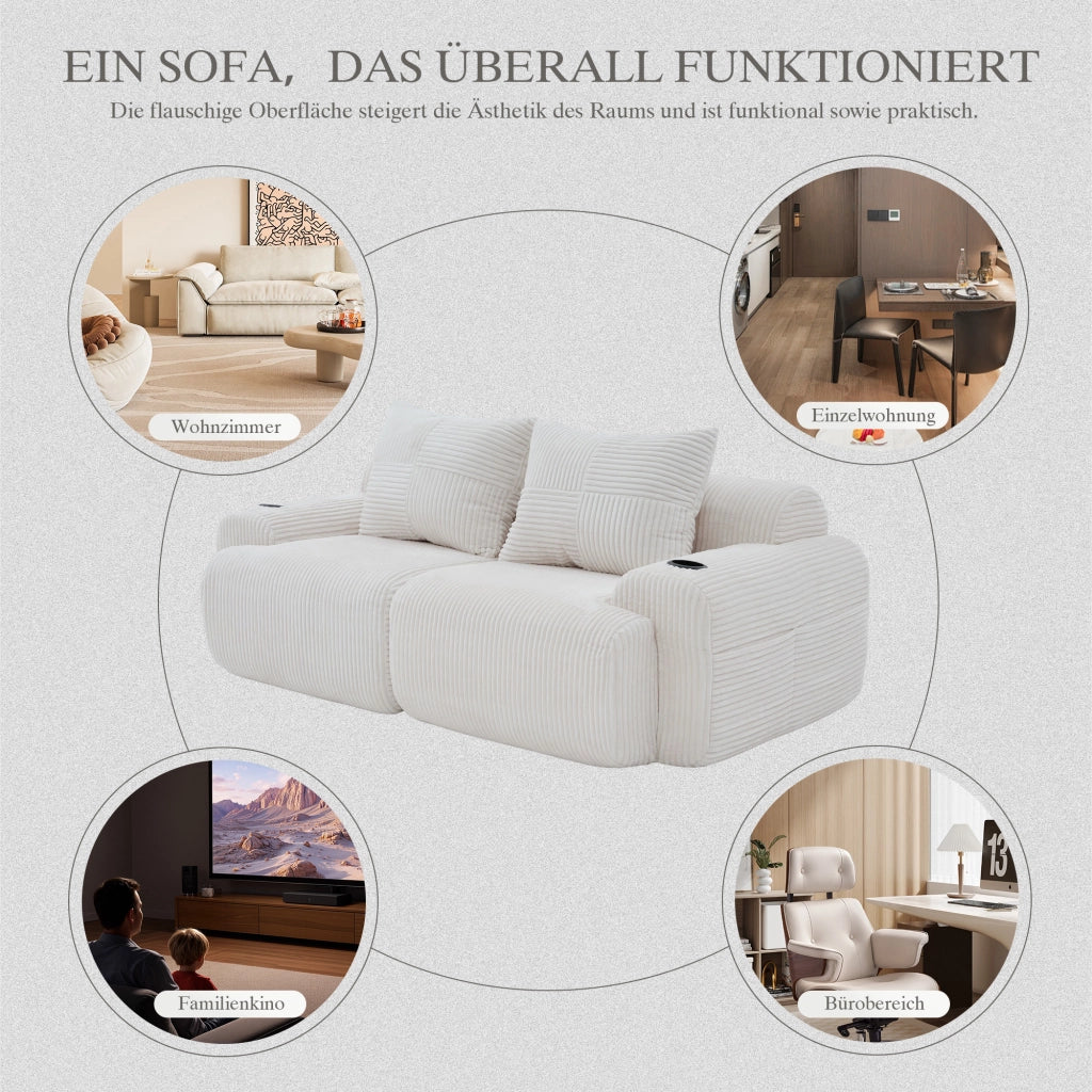 Divano modulare 2 posti con portabicchieri e tasca laterale ergonomico in velluto a coste beige 200 × 99 × 80 cm