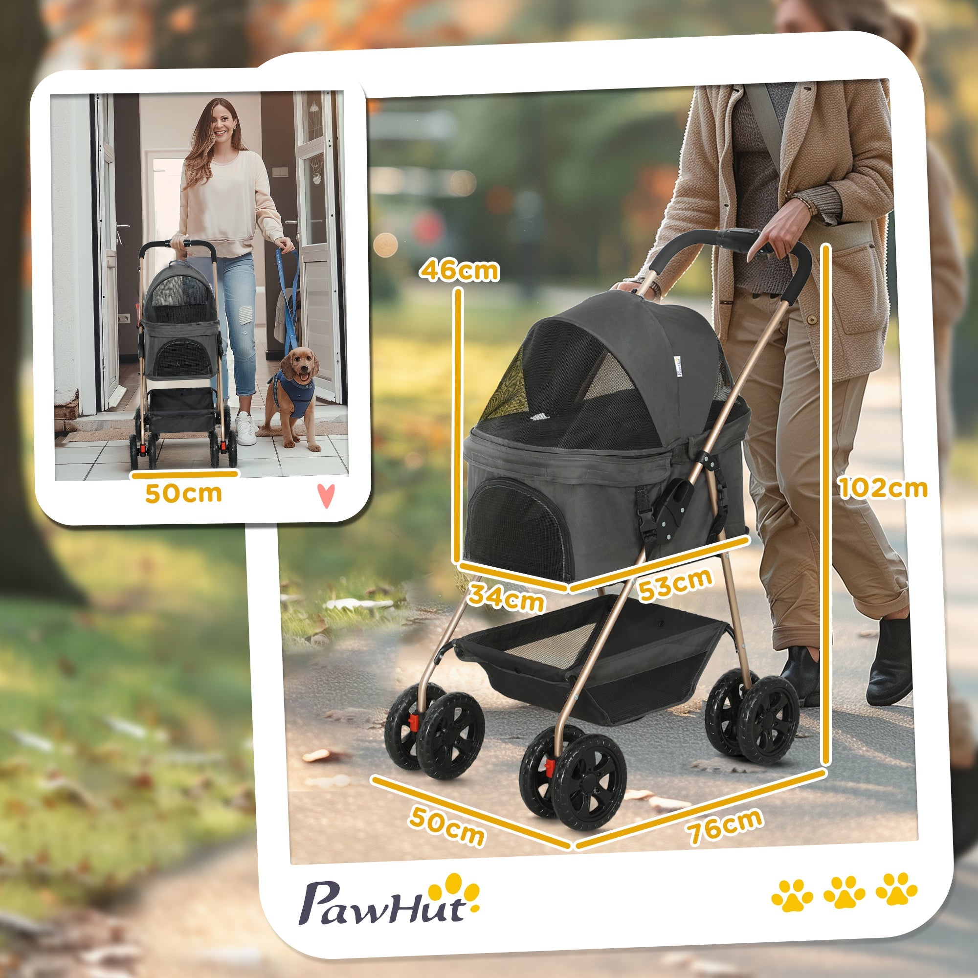 Passeggino per Cani 3 in 1 Pieghevole con Cestino Inferiore Grigio