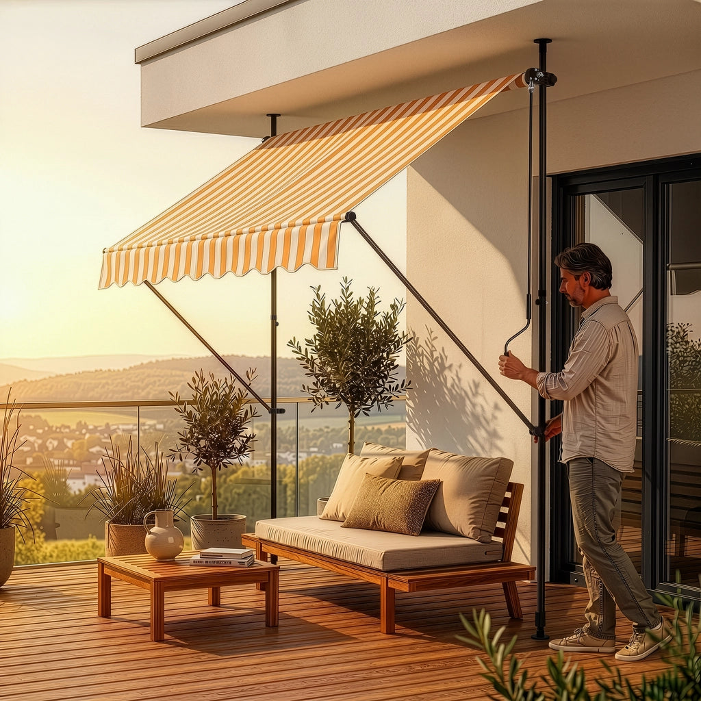 Tenda da Sole a Muro con Pali di Supporto Telescopici Parasole 150 x 120 cm (LxP) Giallo-Bianco pro.tec