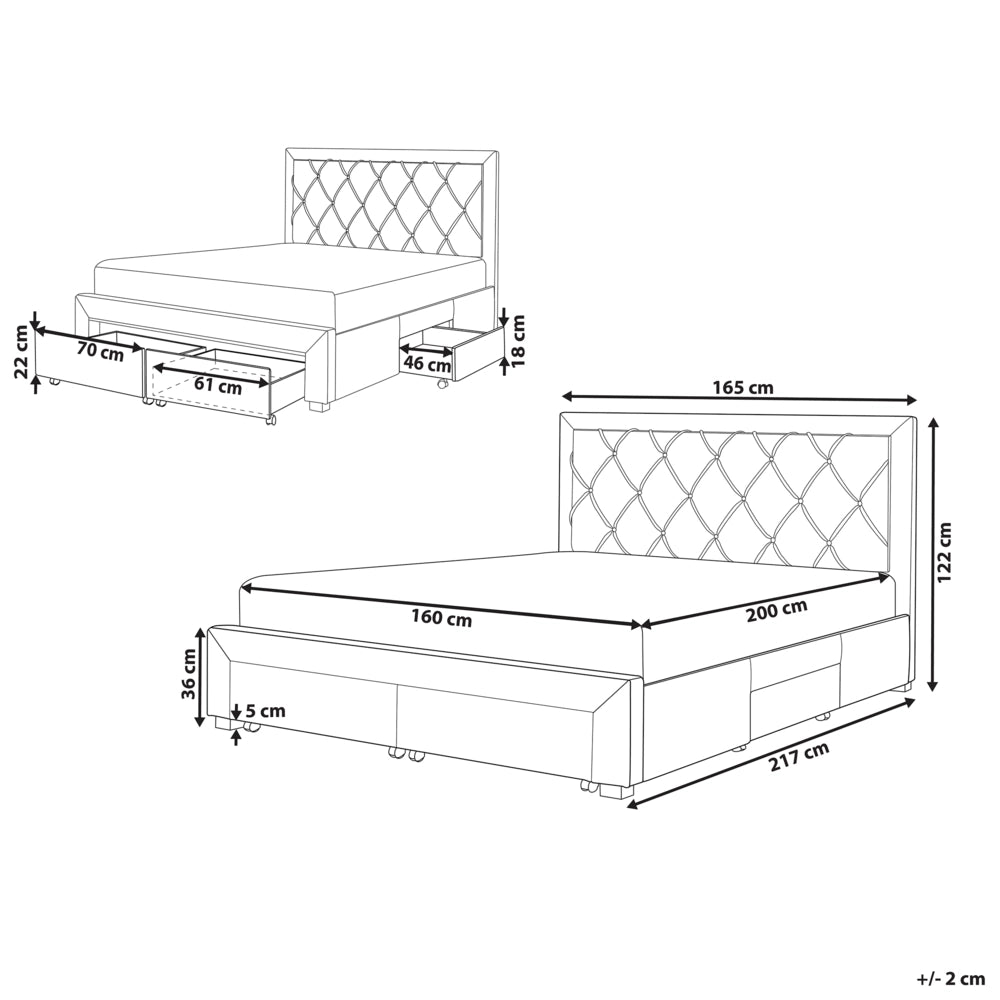 Letto contenitore tappezzeria in velluto blu 160 x 200 cm trapuntato testiera alta cassetti Glam Design