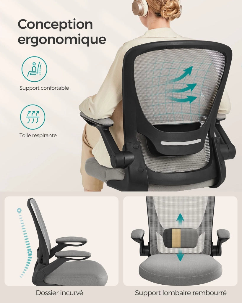 Sedia da ufficio con braccioli pieghevoli sedia da ufficio in tela seduta girevole a 360° supporto lombare regolabile salvaspazio grigio 12_0005864