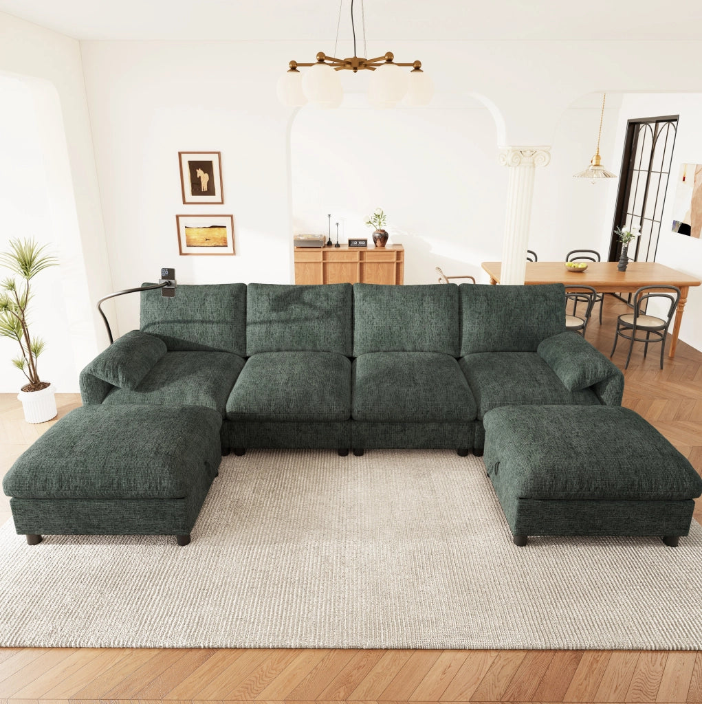 Divano modulare angolare 6 posti con 2 pouf contenitore; USB Type-C; chenille verde