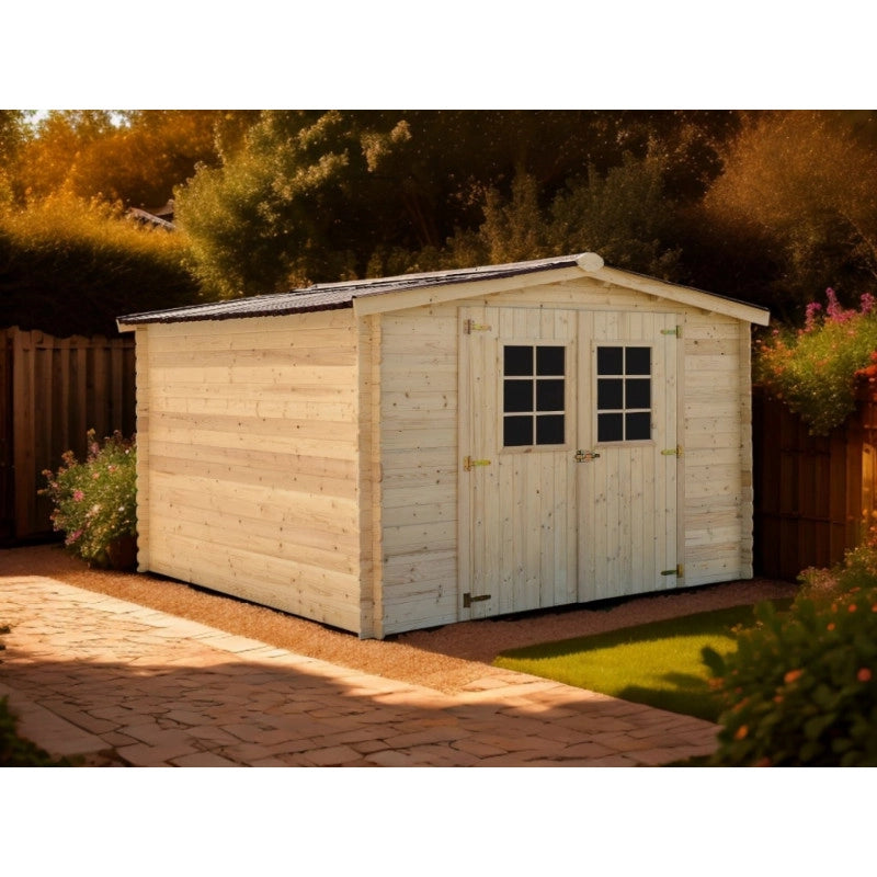 Casetta in legno da giardino con porta vetrata – 300x300 cm – tavole 20 mm, tetto bitumato – AL3030.02N Foresta