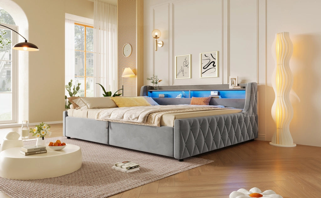 DESMIU Letto con contenitore 140 × 200 cm 2 posti con LED e spazio, senza materasso, in flanella, grigio