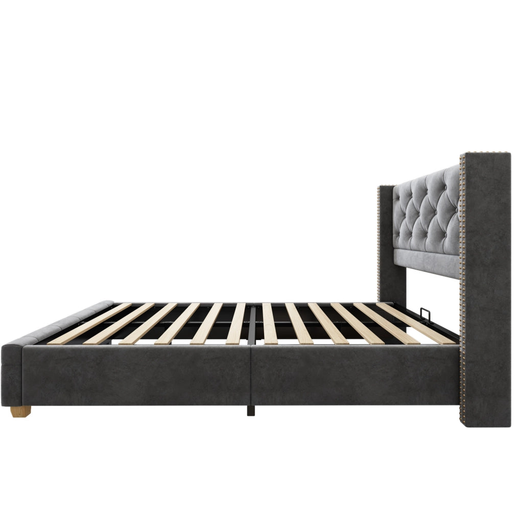 Letto imbottito 90x200 cm in velluto grigio con testiera e rete a doghe