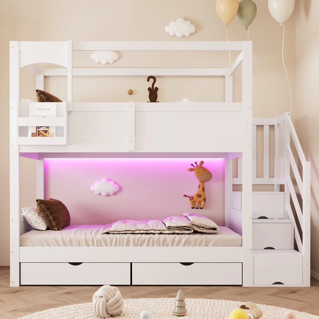 Letto a castello a casetta 90x200 cm con lavagna; 2 cassetti; mensole e scala contenitore; pino e MDF; bianco