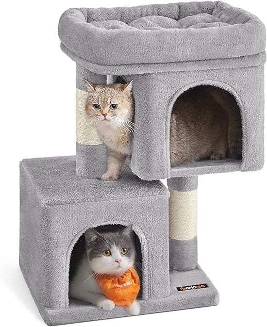 Cat Tree per Gatti di Medie Dimensioni fino a 5 kg - 74 cm con 2 Gabbie per Gatti, Piattaforma Grande e Rampe in Sisal in Grigio chiaro.