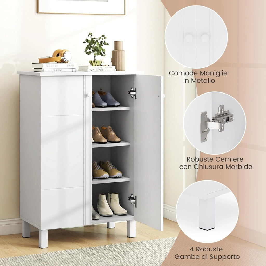 Scarpiera a 4 Ripiani, Mobile Porta Scarpe con Mensole Rimovibili e 2 Ante, Scaffale Portascarpe per Ingresso Soggiorno Camera da Letto, 60x33,5x90 cm