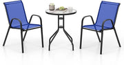 Set Mobili da Giardino 3 Pezzi, con Tavolo Rotondo in Vetro Temperato e 2 Sedie in Textilene Traspirante, per Esterno Balcone Giardino (Blu)