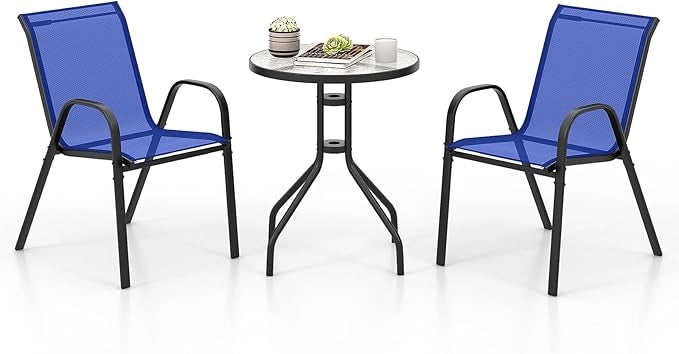 Set Mobili da Giardino 3 Pezzi, con Tavolo Rotondo in Vetro Temperato e 2 Sedie in Textilene Traspirante, per Esterno Balcone Giardino (Blu)