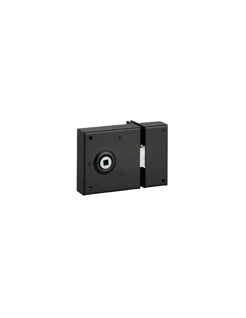Serratura da applicare per porta interna, catenaccio solo 1/2 giro, asse 45mm, quadro 6mm, 70x70mm, nero - THIRARD