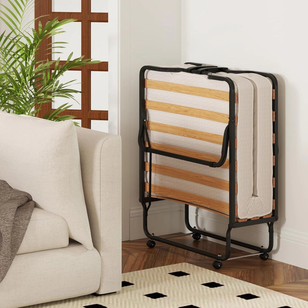 Letto Brandina Pieghevole, con Materasso in Memory Foam 4 Ruote Girevoli, Trapuntatura a Onda con Imbottitura a Doppia Fibra, 200x80x40cm, Made in Italy (Stile 2 Beige)