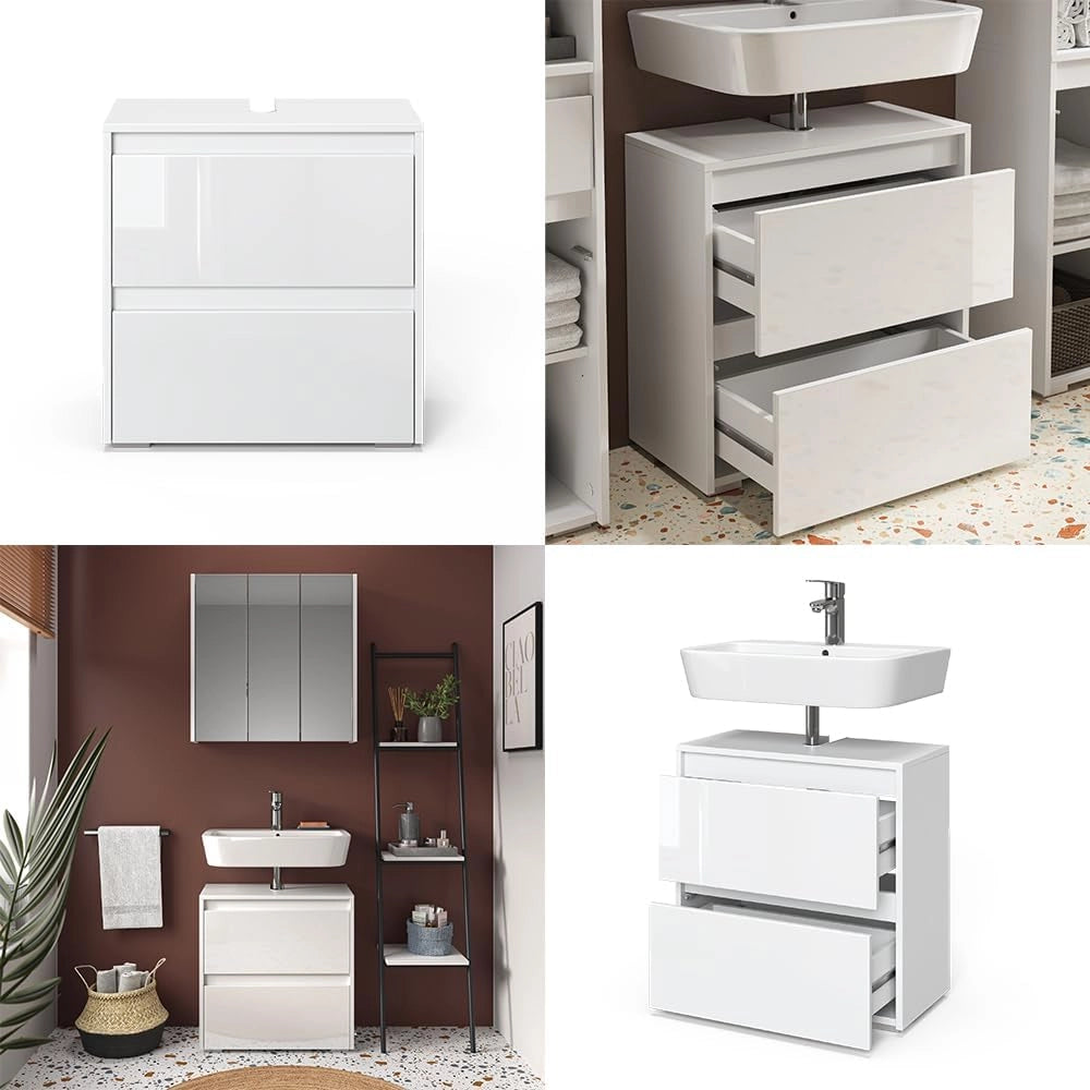 Mobile sottolavabo per bagno Majest, Bianco lucido, 60.2 x 62.1 cm, con ritaglio per sifone e aperture di ventilazione per l’installazione
