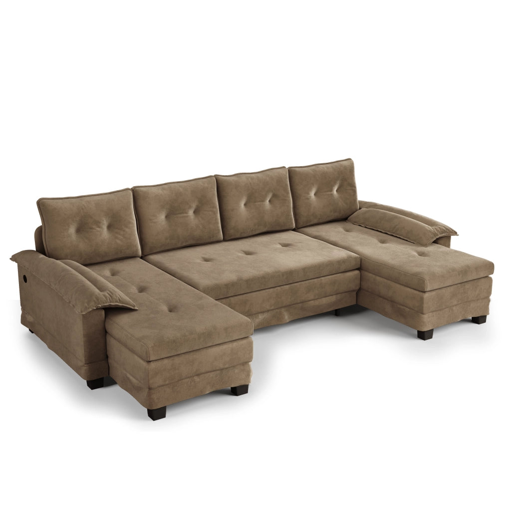 Divano Letto Angolare Modulare ¨C MINIMAL ¨C Tessuto Khaki, con USB, Braccioli Rimovibili, 278 cm
