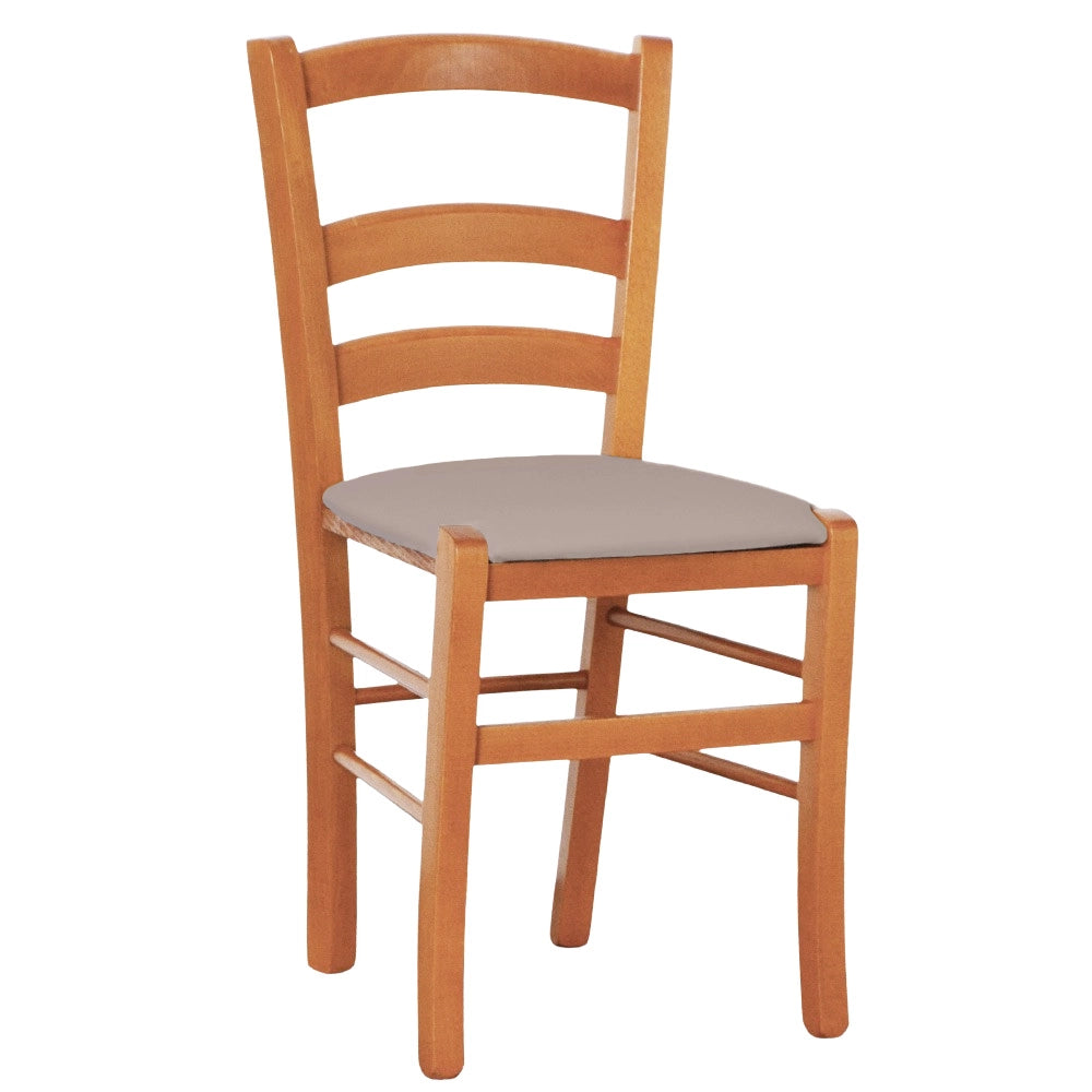 Sedia legno venezia ciliegio con seduta similpelle imbottita tortora