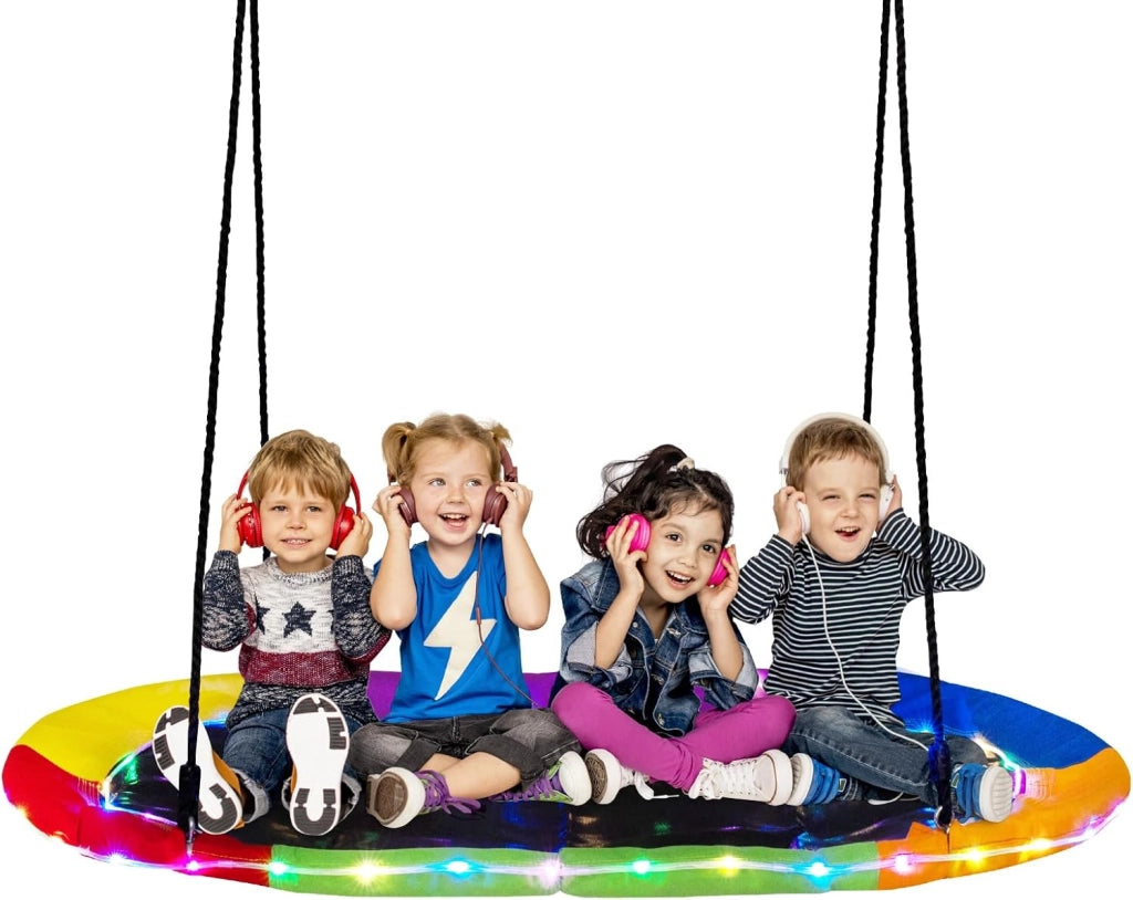 Altalena da Giardino per Bambini 150 cm, con Luci LED, Altalena da Albero con Struttura in Acciaio Antiruggine, Corde Regolabili, Portata 150 kg, per Bambini 3+ Anni