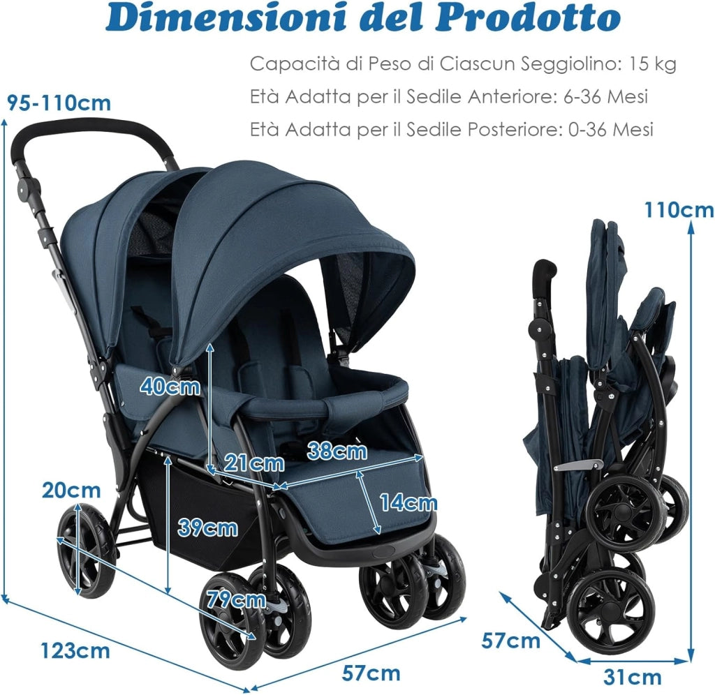 Passeggino Doppio Pieghevole per Bambini, Passeggino Gemellare Pieghevole, con Seduta in Tandem e Tettuccio, Schienale Regolabile, Ruote Bloccabili e Antiurto, per Bambini 0-36 Mesi (Blu)