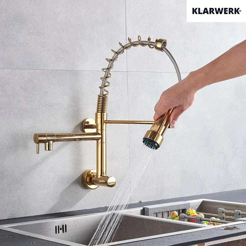 Björn |gastronomia rubinetto monoforo a parete per acqua fredda oro|da cucina professionale in acciaio inox a due getti|doppio per lavello ristorante