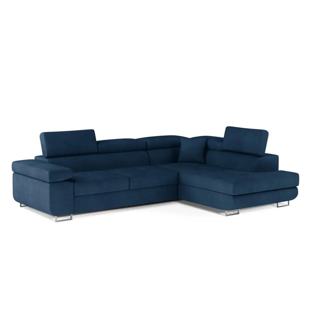 Divano angolare trasformabile MENTON blu scuro bouclé – Angolo destro con baule