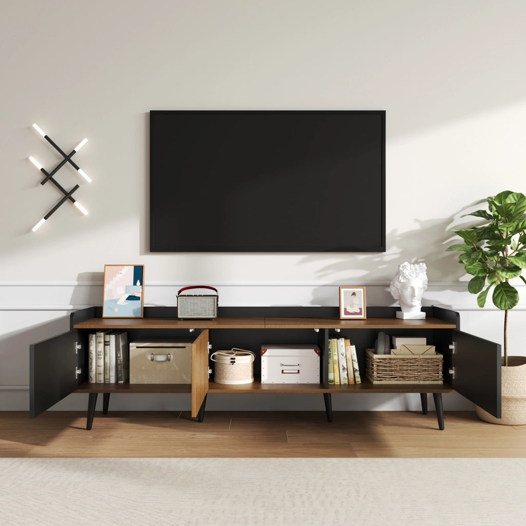 Mobile TV con 3 Ante; Bordo Rialzato e Dispositivo Antiribaltamento; per Soggiorno; in MDF; 160 × 39 × 49.5 cm; Nero e Naturale