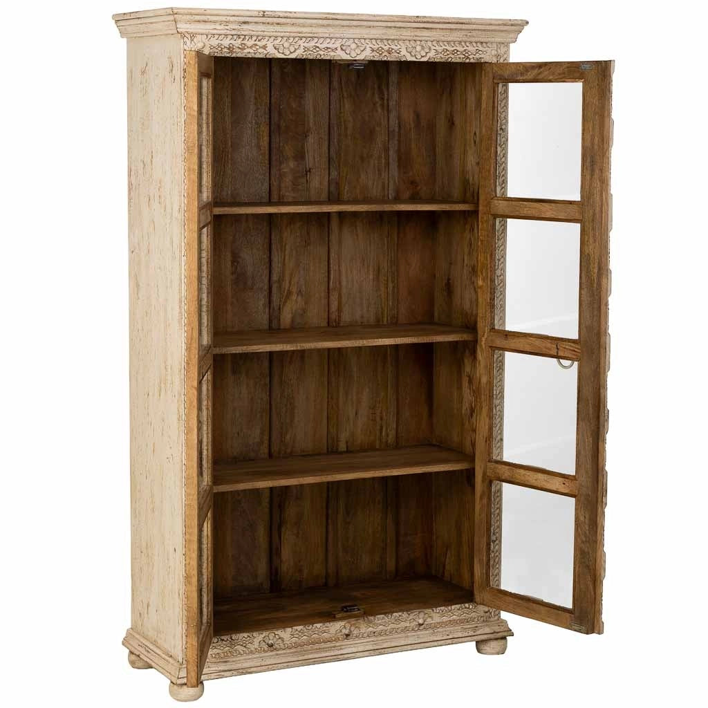 Vetrina in legno intagliato beige fatta a mano, 106x43x180h cm