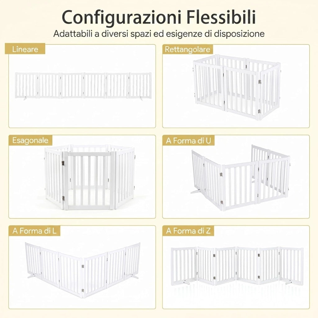 Cancelletto per Cani a 6 Pannelli, Cancello Pieghevole da Interno in Legno Massello, Semimontato, Barriera di Sicurezza Autoportante per Camino e Porta e Scala, 306 x 61 cm