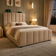 Letto singolo 90x200 cm in lino beige con testiera imbottita; USB e contenitore idraulico