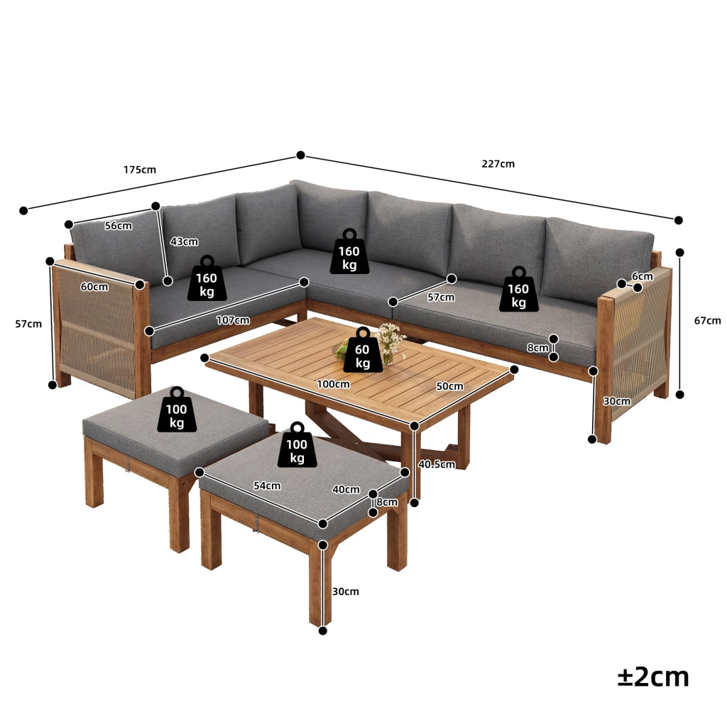 Set Divano Angolare da Giardino 6 Posti in Legno Acacia con Cuscini e Tavolino ¨C MINIMAL ¨C Beige