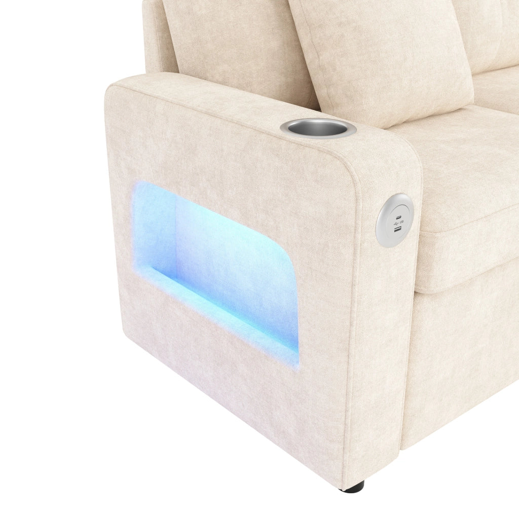Divano letto estraibile 2 posti in ciniglia beige con LED; USB/Type-C e contenitore HOMVRA