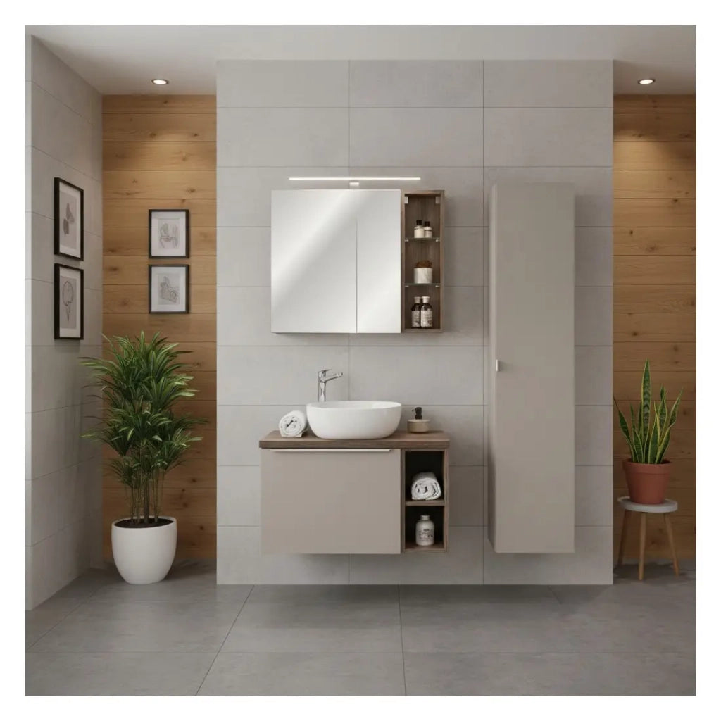 Insieme VANTA taupe: mobili sotto lavabo 80cm + lavabo da appoggio + mobili di stoccaggio + specchi + LED