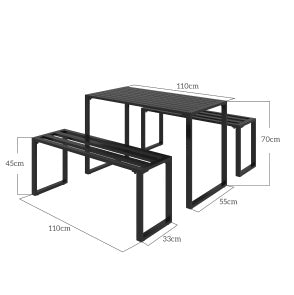 Set da esterno con tavolo e 2 panche in metallo nero 110 x 55 x 70 cm