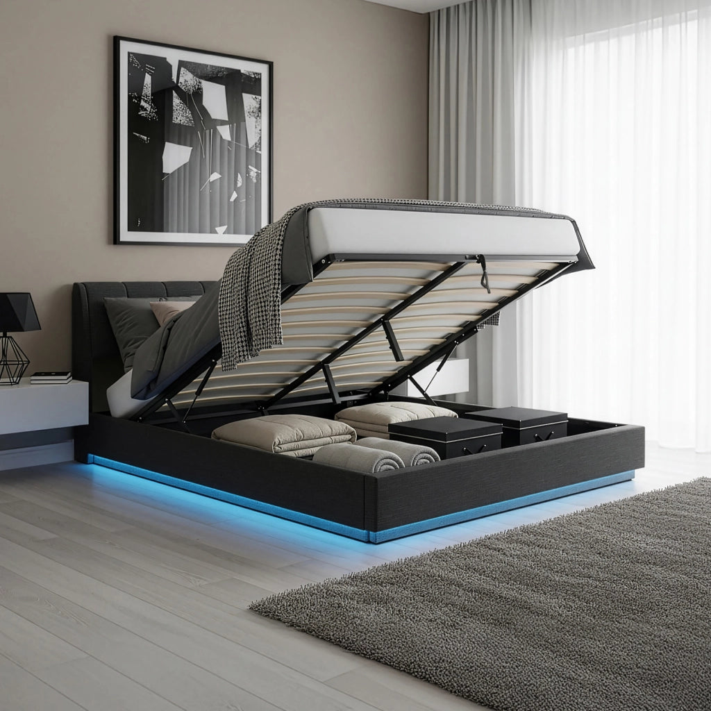 Letto Contenitore Tröstiar con Apertura a Ribalta e Luce LED Letto Doppio Matrimoniale 180x200 cm Nero [en.casa]