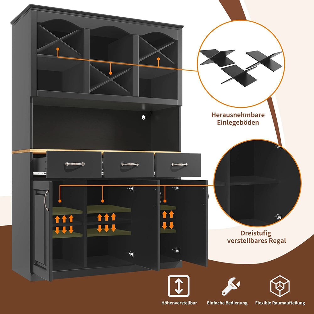 Credenza Cucina Alta 120x40x180cm - Xylo - 3 Ante, 3 Cassetti e Luci LED, Nero
