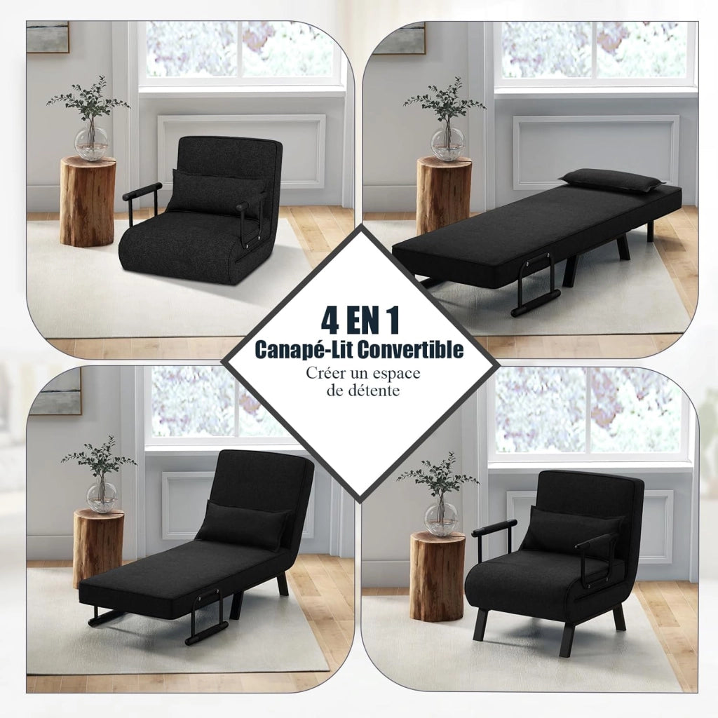 4 in 1 Poltrona Letto Singolo, Poltrona Pieghevole con Schienale Reclinabile a 6 Livelli, Divano Letto con Materasso e Cuscino, per Soggiorno e Salotto, 79 x 65 x 79 cm (Nero)