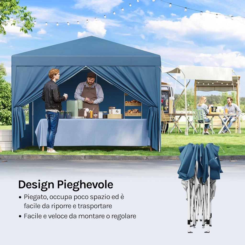 Gazebo da Giardino Richiudibile 3x3m Gazebo da Esterno Ferro Regolabile in Altezza Tendone Pieghevole con Telo Idrorepellente, Protezione Solare, Facile Montare Blu