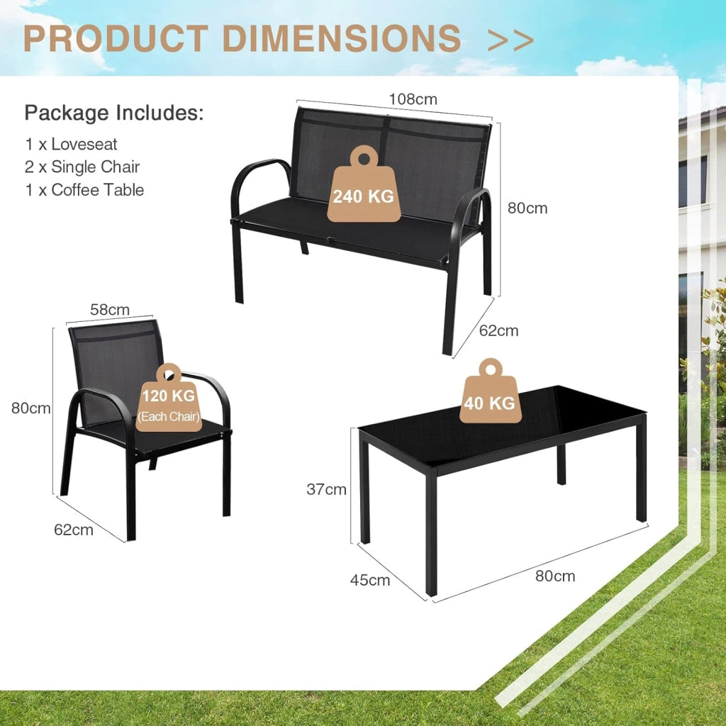 Set di 4 mobili da giardino con tavolino da salotto e panca da giardino e 2 sedie da pranzo, in textilene, set da 4 persone, mobili da giardino (Nero)