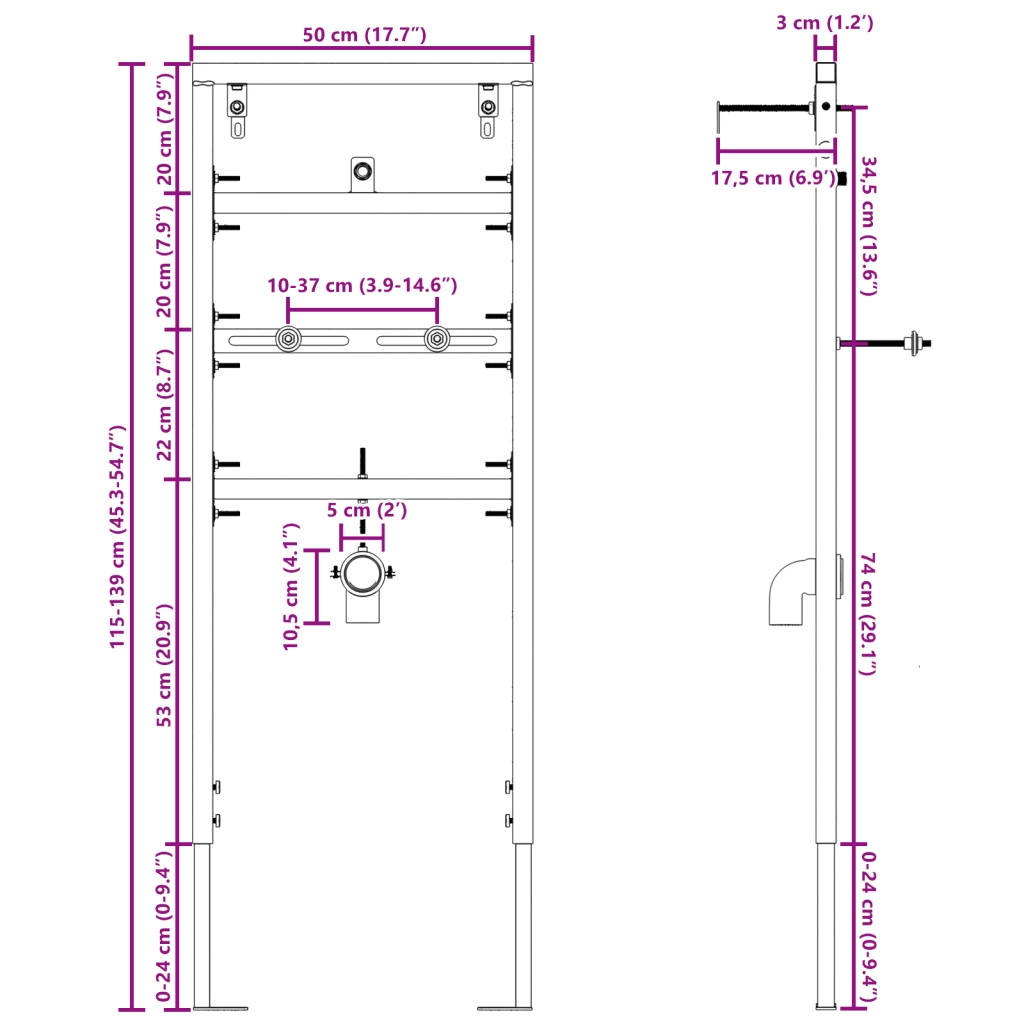 Struttura di Montaggio Nascosta per Urinale 50x115-139 cm Acciaio