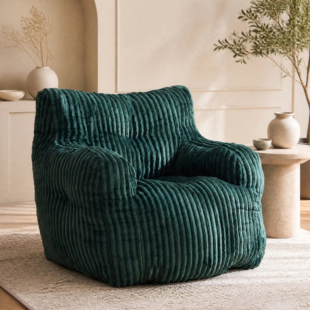 Fauteuil pouf in velluto a coste con imbottitura in fiocchi di memory foam per interni, verde 100 × 94 × 70 cm