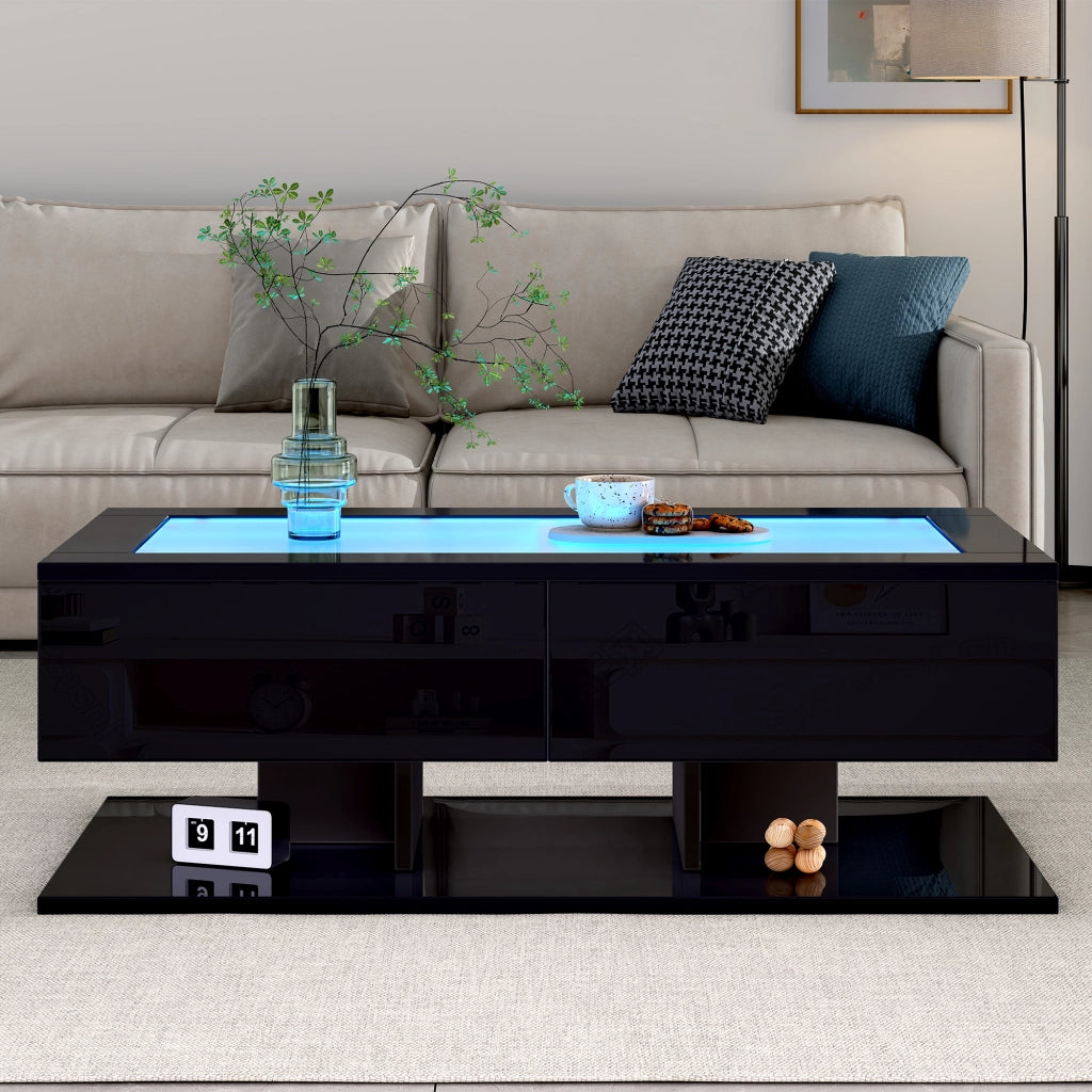Tavolino basso con 2 cassetti, piano in vetro temperato e LED, finitura lucida, per soggiorno, nero, 100 × 50 × 35 cm