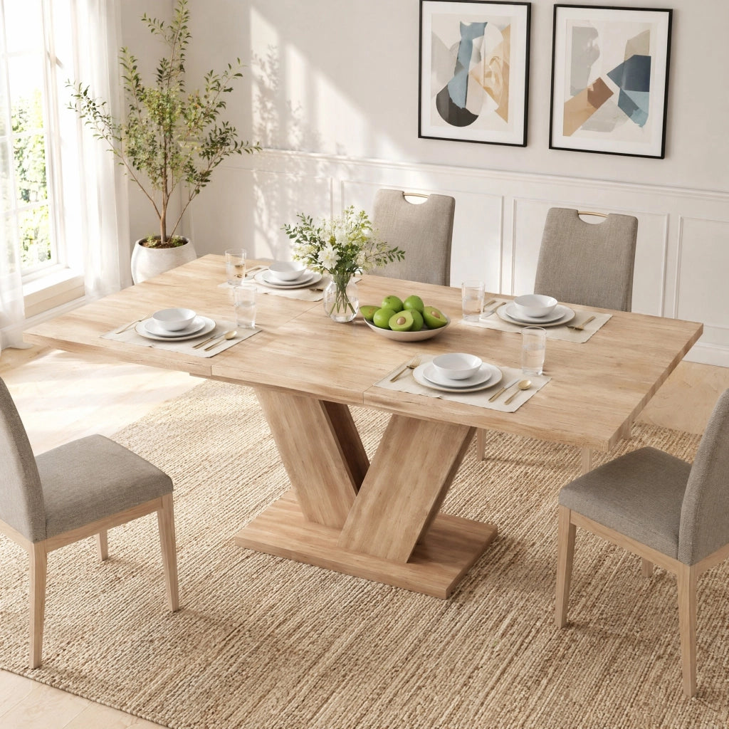 Tavolo da pranzo allungabile 140/180 x 80 cm, 4-8 posti, effetto rovere, gambe a V in metallo
