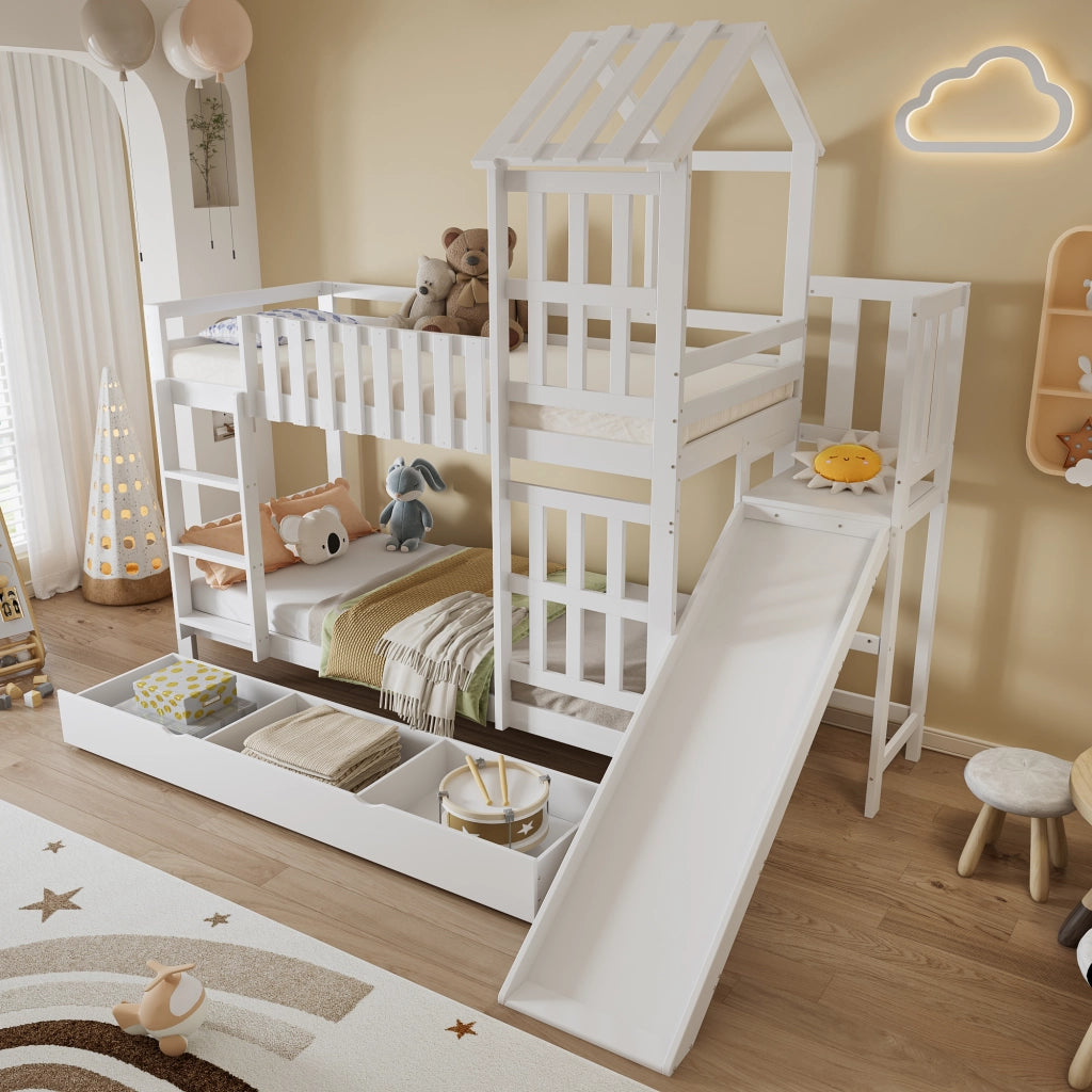 Letto a castello per bambini 90 × 200 cm con grande cassetto con ruote, scivolo, senza materasso, bianco