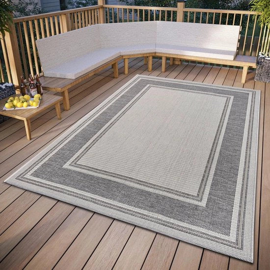 Tappeto per esterni e interni - moderno disegno a due colori - impermeabile e robusto - tappeto da esterno a tessuto piatto - giardino balcone terrazza salotto - beige grigio - 155 x 235 cm