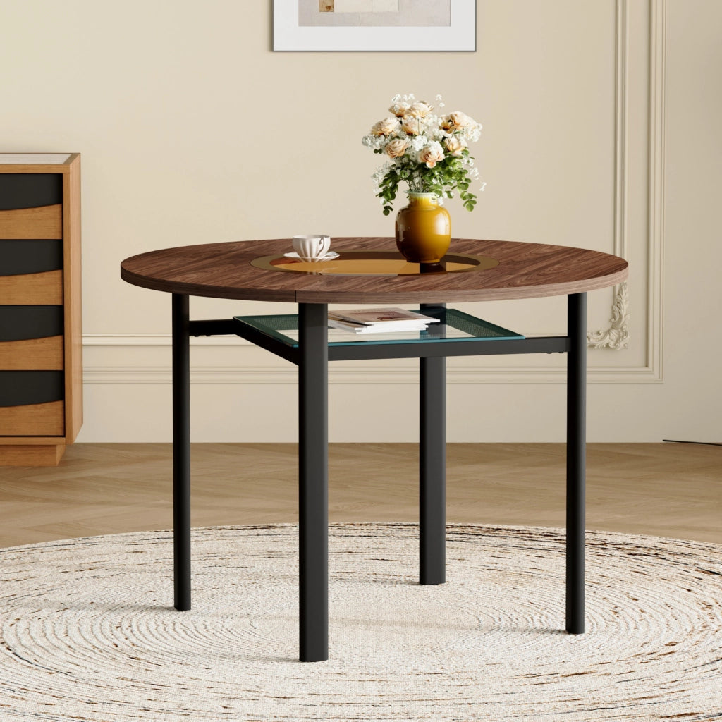 Tavolo da pranzo - rotondo Ø100 cm - design minimalista - effetto legno marrone - vetro grigio - per 2-4 persone