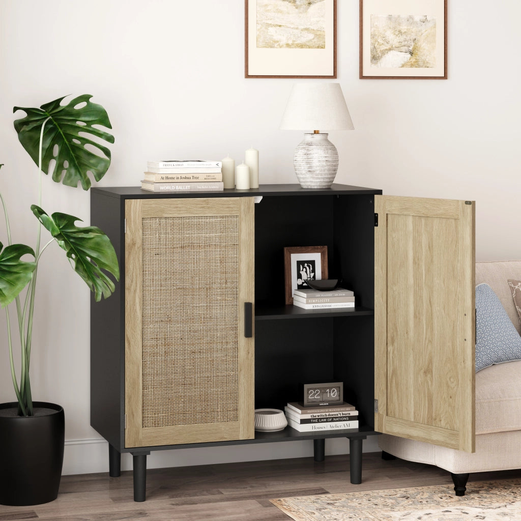 Mobile contenitore a 2 ante in rattan con 2 vani aperti e maniglie in legno; per salotto e ingresso; nero; 80 × 40 × 88 cm